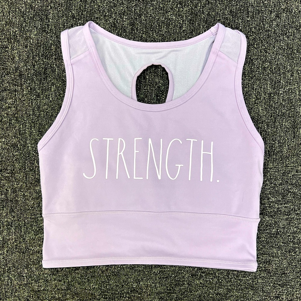 Rae Dunn lilac “STRENGTH” sports bra- size Medium